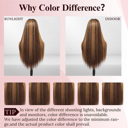 Brazilian Virgin Hair 5x5 HD Seamless Frontal Wig, Human Hair Blend, Pre-Trimmed 200% Density, #4/27 Honey Blonde Ombre Highlight Straight Hair, Glueless Wig For Women, 13x4 13x6 Brazilian Frontal With Baby Hair HD Seamless Lace Frontal