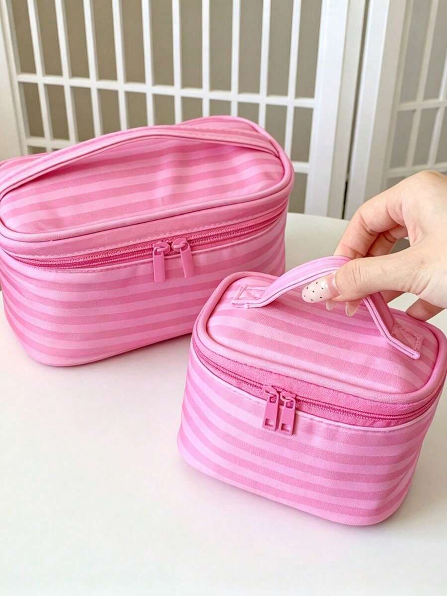 1Pc/Set Pink Striped Makeup Bag With Mirror,Portable Women's Handbag Toiletry Bag Cosmetic Bag Skincare Bag Jewly Bag Makeup Case, Cosmetic Organizer