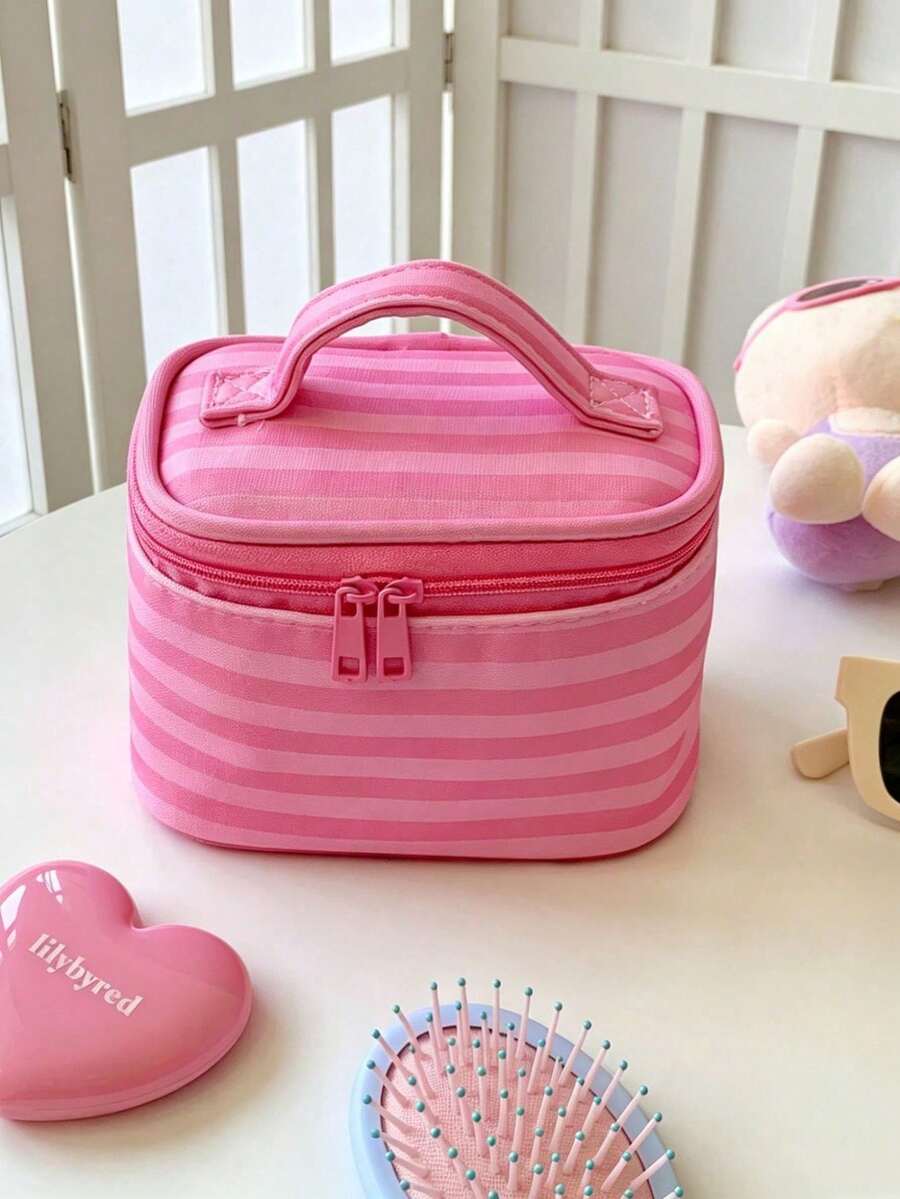 1Pc/Set Pink Striped Makeup Bag With Mirror,Portable Women's Handbag Toiletry Bag Cosmetic Bag Skincare Bag Jewly Bag Makeup Case, Cosmetic Organizer