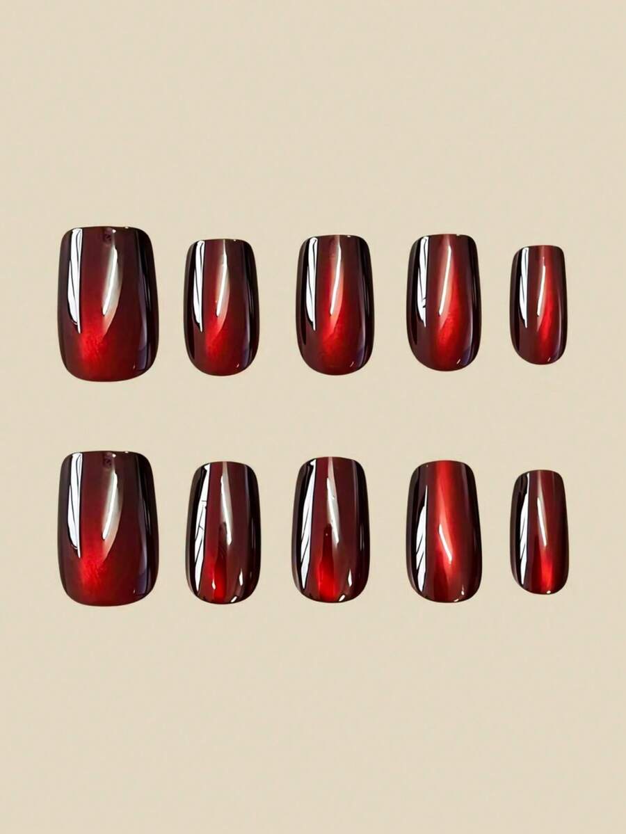 10pcs Medium Almond Shape Press-On Fake Nails, Punk Gothic Dark Style - Black And Red Crystal Cat Eye Press-On Nails, Vintage Cherry Red And Deep Burgundy Glitter Cat Eye, Includes 1 Adhesive Patch And 1 Mini Gel Strip., Aesthetic