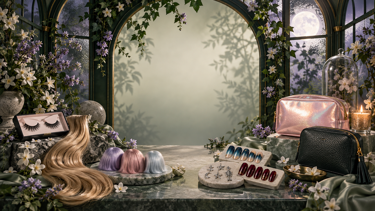 KELFIORA moonlit botanical vanity with lashes, hair, nails and travel beauty accessories